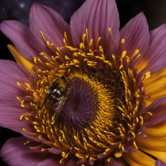 a bumblebee pollinating a flower in a dark nebula at night extreme close-up, macro photography,