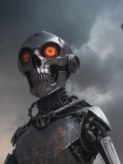 <lyco:terminator:0.8>,medium shot photo of a robot, with red perfect circle glow eyes and metal shiny skull face and chrome metal body,smoke , angry,metal reflex fire flames, fog,dark apocalypse background, intricate detail,  blue athmosphere, (sharp focus, eyes focus, masterpiece,best quality, realistic detail,clear image,realistic,high resolution)