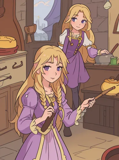 (Cosplay as Rapunzel from Tangled) with a purple dress, long blonde hair, and a frying pan., 
BREAK
Natural light, 
, , , 