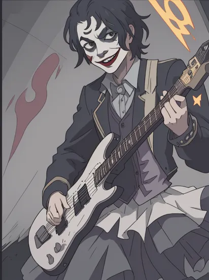 A photograph of a Joker playing an electric guitar in the style of The Joker (2022) trending on artstation deviantart pinterest furaffinity detailed realistic hd 8k high resolution hdr shot with super detailed photorealistic highlights and shadow detailed High Resolution path traced contrast light and dark cinematic shadows by Zdzislaw Beksinski, IMAX quality