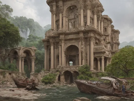 cinematic movie shot of standing explorer looking for past civilisation ruins of venesian megalopolis surrounded by vegetation, venesian architecture, palais, italian architecture, terracota, mosaics, boat graveyard, (boating cemetery:0.6), (war debris everywhere:0.8), debris, rusty structures, ivy on walls, postapocalyptic, gigantic architecture structures, complex design, bridges, statues, incredible structures, archs, bas-reliefs, intricate, highly detailled award winning photography landscape, water,(extremely detailed 8k wallpaper), (waterfall:1.2), outdoors, water, tree, landscape, forest, river, fog, grass, most beautiful artwork in the world,professional majestic, intricate, High Detail, Sharp focus, dramatic, photorealistic painting art, matte painting, digital art, trending on artstation , detailed skin texture, highly detailled fabrics, precise linen, precise bump textures, absurd res textures, high glossy, perfect reflection, intricate surfaces, subsurface scattering, ambiant occlusion, subtles scratchs, imperfections, soft shadow, insane detail, detailed stitches and sews, intricate leather, opulent fabrics