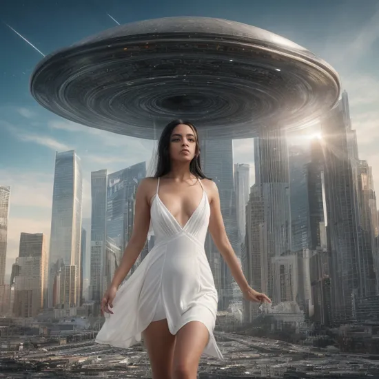 a cinematic landscape photography of a woman in a white futuristic and lightly revealing dress, with long black hair, standing infront of a chaotic wormhole in the sky above a city, where the reflection of a planet can be seen, centered object is the wormhole, golden energy surgin, black hair, long hair, white dress, futuristic city, city, intricate details, ultra-detail, UHD, HDR, IMAX, god rays
