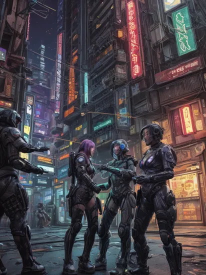 Two people, Cortana and Master Chief bullying and beating up an innocent cyborg in a colorful cyberpunk city, vandalism, aggressive, violence, reimagined in a cyberpunk universe, cyberpunk cityscape, cyberpunk, cyberpunk style, glowing neon lights, detailed background, masterpiece, best quality, high quality, absurdres, vivid 