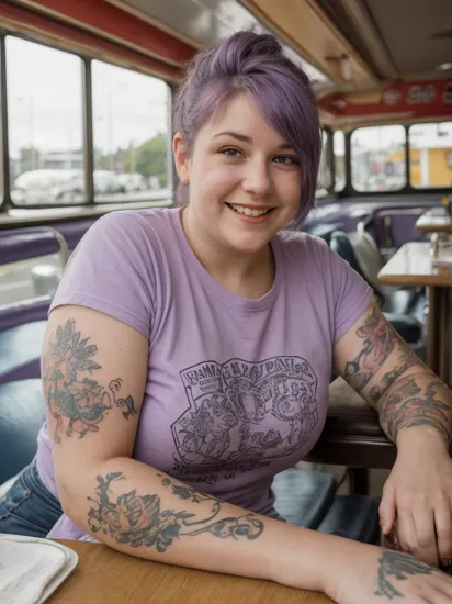 (best quality, masterpiece, high detail:1.2), street photography photo of a young woman with purple hair, smile, happy, cute t-shirt, tattoos on her arms, sitting in a 50s diner 
mature female, thick arms, 