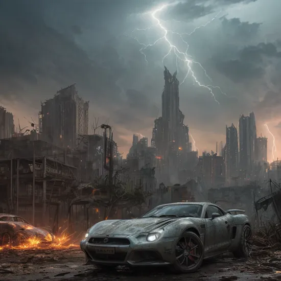 Concept art,post-apocalyptic world with ruins,overgrown vegetation,a lone survivor,landscape,High-fashion photography,with dramatic lighting,casting lightning magic,foto hyperrealistic,fantasy,Surrealist,full body,artstation,, cyberpunk cityscape with towering skyscrapers,neon signs,flying cars,landscape,city,sport cars,with dramatic lighting ,casting lightning magic,detailed cars ,digital painting,hyperrealistic,fantasy,Surrealist,artstation,
