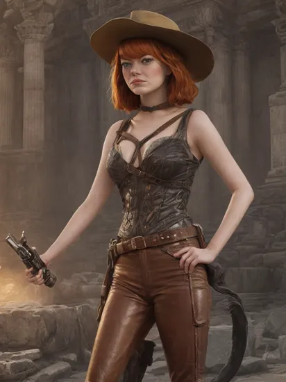 A stunning digital painting of (Emma Stone:1.3),solo,(middleshot:1.7),realistic, masterpiece, best quality, high detailed, (As female Indiana Jones, illustrate her in an adventure-ready outfit complete with a fedora and a whip, set against an ancient temple. This thrilling, high-resolution masterpiece will capture her daring spirit and scholarly nature, resulting in a captivating, history-filled, globally recognized artwork in a crisp, incredibly lifelike 8K quality.:1.1),(in the style of Kekai Kotaki:1.1),(A pair of bold, retro-inspired sunglasses that shield her eyes from the sun while simultaneously adding a touch of glamour to her overall look.:1.3),epic fantasy character art, concept art, fantasy art, a character portrait, fantasy art, vibrant high contrast,trending on ArtStation, dramatic lighting, ambient occlusion, volumetric lighting, emotional, Deviant-art, hyper detailed illustration, 8k, gorgeous lighting, ,vamptech ,(full height portrait:1.6)