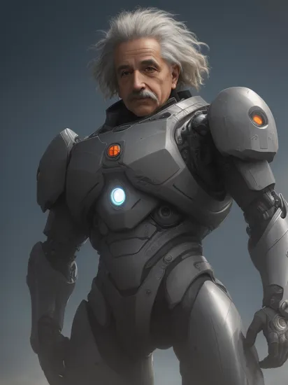 cinematic film still An awe-inspiring image captures Albert Einstein, renowned physicist, adorned in a magnificent mech suit. Towering over surroundings, the suit emanates a futuristic elegance, sleek with polished metal and luminescent accents. Einstein's iconic wild hair flows in the wind, his wise eyes gazing through the transparent helmet. The image is of exceptional quality, highlighting every intricate detail of the suit and conveying the sense of power and intelligence that emanates from this remarkable fusion of science and technology. . shallow depth of field, vignette, highly detailed, high budget, bokeh, cinemascope, moody, epic, gorgeous, film grain, grainy
