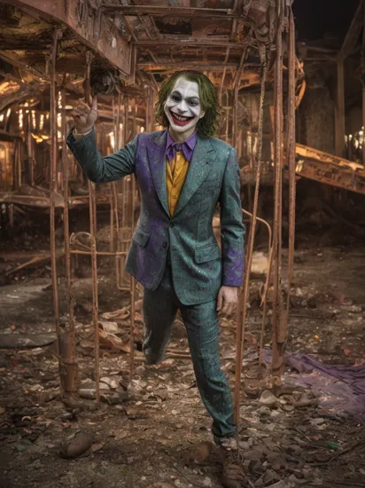 ((body portrait, body shot)), professional intricately detailed award winning glamor photograph, (The Joker:1.1) laughing in an abandoned amusement park at night, (hysterics, evil eyes, terrifying anger, green hair:1.1), (purple suit:1.3), (dilapidated stalls, (rust:1.1), wrecked roller coaster:1.2), (rubbish, rubble:1.1), deep shadows, highly detailed, professional, soft volumetric lighting, realistic, roughness, ultra realistic, photographed on a Canon EOS R5, 50mm lens, muted colors, F/2.8, HDR, 8k resolution, highres, high detail, sharp focus, smooth, roughness, real life, photorealism, photography, 8k uhd, cinematic film still from the dark knight