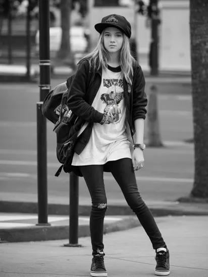 street photography, skater girl, black and white,
