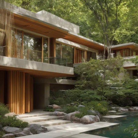((A photography showcase of Fallingwater, the iconic architecture by Frank Lloyd Wright located in Mill Run, Pennsylvania. Through the lens of Ansel Adams, using a 35mm lens, the scene captures the house s unique cantilevered terraces amidst the verdant forest. The color temperature exudes a cool blueish tint. No facial expressions as the primary focus is on the structure. Ambient light from the sun provides a gentle glow to the scene, casting soft shadows. The atmosphere is serene and timeless))
Dive into the world of Photography that captures the essence of Frank Lloyd Wright's modern "Frank Lloyd Wright's modern style villa" with a focus on the architectural marvel of Fallingwater. Through a 35mm lens, witness the structure in intense clarity and sharpness. The image has a warm color temperature that highlights the building's iconic cascading forms. No facial expressions are present as the image focuses solely on architecture. The lighting is natural, with the sun casting soft shadows on the structure, giving depth and texture. The atmosphere feels serene and untouched by time
A modern house seamlessly integrates natural elements into its design. featuring a balcony adorned with lush greenery and a front yard that blends nature with the environment. Soft ambient lighting casts a warm and welcoming glow. Channeling the spirit of renowned architect Frank Lloyd Wright, this design showcases his signature organic architectural style. The medium for this artwork is an architectural blueprint rendered in high-definition 3D graphics, emphasizing every detail of the design. The color scheme mainly consists of earthy tones and various shades of green, enhancing the connection to nature