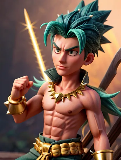 Powerful warrior Donald Trump, ((spiky green hair)), intense gaze, chiseled abs, ((bare-chested)), seated confidently, gold necklace, katana by side, ((traditional pants with a wave pattern)), backlit with vertical light beams, commanding presence, strong jawline, earring detail, relaxed yet powerful hands, anime style, vibrant colors, dramatic shading, sense of untold strength and resilience.