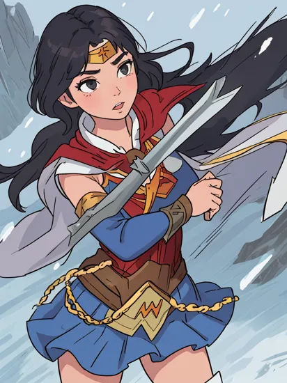 jim lee,
1girl, wonder woman, armlet, black hair, blurry, bracer, breath, cape, cowboy shot, depth of field, holding, holding weapon, lasso, looking at viewer, parted lips, pommel, realistic, reverse grip, shield, skirt, snow, snowing, solo, superhero, sword, tiara, toned, weapon, weapon behind back
, ((masterpiece))
