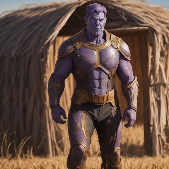 Thanos1024, a man, full body, wheat fields with a wooden hut background, detailed eyes, highly detailed , photography, ultra sharp, film, bokeh, professional, 4k    