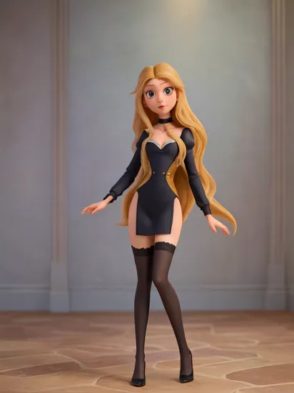 rapunzel, 1girl, (((skinny))),  narrow waist, slim body, short dress, bottomless, black thighhighs, high heels, standing,   ((pussy)),  full body, low neckline,  cleavage, cleavage cutout,  long hair, long slim legs, (masterpiece, high quality, best quality:1.3), pretty face,  