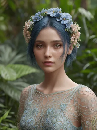 fashion photography portrait of blue human avatar, in blue lush jungle with flowers and birds, 3d render, cgi, symetrical, octane render, 35mm, bokeh, 9:16, (intricate details:1.12), hdr, (intricate details, hyperdetailed:1.15), (natural skin texture, hyperrealism, soft light, sharp:1.2) 
<lora:Pure_Innocent_girl2:0.5>