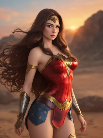 full body photo of MegFoxv2 woman ,long brown hair, wearing a wonder woman costume, in the sunset, extremely detailed, intricate detail, fine detail, careful detail, up close portrait, masterpiece, best quality, ultra-detailed  