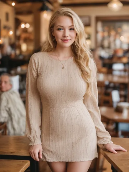 professional portrait photography, an analog film photo of a beautiful blonde woman with huge breasts wearing a comfy dress in a cozy coffeeshop, dof, bokeh, detailed, 8k, soft focus, 35mm 