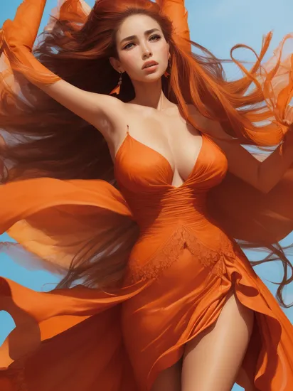 elegant portrait of a beautiful puazi woman, flamenco, (full face), realism, ((macro photography)), (long lens), pointy ears, (scarlet skin), blush, (only face), (chest up photography), standing, elegant blue dress, (arms up in air), (flowing hair, orange skin, skin markings), , covered breasts