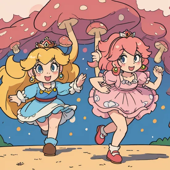Mario and Princess Peach running, Mushroom Kingdom background
