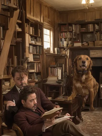 A dog and Sherlock Holmes (Robert Downey Jr:1.1) reading a book in an old house.