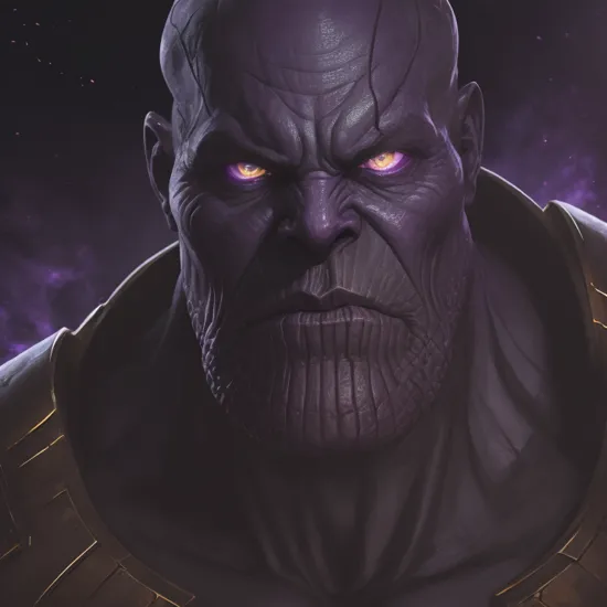 Thanos, high quality, masterpiece, 8k, ((hyper realism)), dark scary background, realistic skin, purple glowing eyes, (evil look)