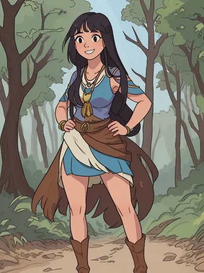  (professional photo), (full length shot), masterpiece, detailed clothing texture, best quality, a 20y old woman (pocahontas:1.3), native American, ((long) hair), suede dress, necklace, standing facing camera, (legs apart), (in a forest), oiled skin, smiling, , 1girl, solo, detailed eyes, detailed teeth, hands on hips, bright sunshine, natural lighting, kkw-ph1, [[kkw-skin-det]]