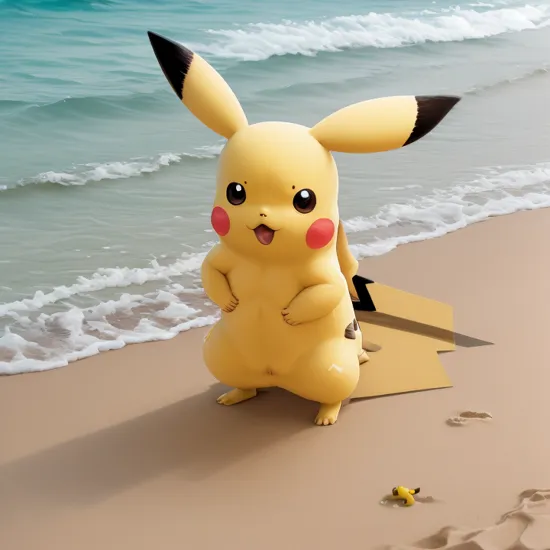 (pikachu) on the beach, laying on a towel, small body, muscles, uncircumcised penis, butt, anus, nipples, retraced face, blushing, , 