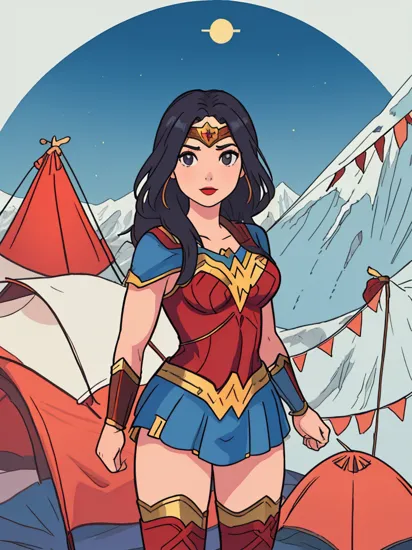 Photo of Wonder Woman standing at the top of Mount Everest, with tents visible in the background.
red lips, (tents:1.2)
 