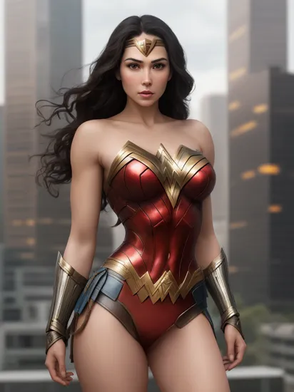 [Modern Amazon] Beautiful woman, realistic, detailed face, detailed skin. Embrace the contemporary version of Wonder Woman. Wear her modern attire, pose in an urban setting with skyscrapers in the background, shot at eye level, on a Sony A7III, capturing her strength and courage. RAW photo, subject, 8k uhd, dslr, soft lighting, high quality, film grain, Fujifilm XT3.