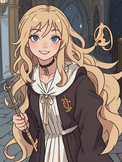 closeup photo of   KennedyLeigh  pale woman long curly blonde hair,  griffindor witch, freckles, choker (hogwarts robe:1.1)  (holding a wand:1.1) (black eyeshadow), (background bokeh hogwarts hallway), (character design by greg rutkowsky and ilya kuvshinov and artgerm:0.5), (naughty smile:1.1), (focus on the eyes), Key light, (natural light), soft focus, Cinematic portrait photography by Harry Potter, (visible pores:0.3) (high detailed skin:0.9), 4k high quality,