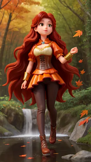 Autumn's envoy @model, her alabaster hair a stark contrast to the warm hues of the falling leaves. ((Eyes like molten amber)), they gleam with the reflection of the season's fiery palette. She is adorned in a ((leather corset)), embossed with patterns that whisper of ancient lore, standing amidst a forest ablaze with autumn's touch. The cascade of her hair, each strand a silken thread woven with the crisp air of change, frames her face with an ethereal grace. The scene is a dance of wind and flame, her presence a serene command over the natural world's most vibrant transformation.
