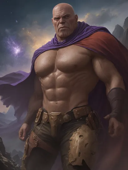(impasto paintings:1.2),cowboy shot ,realistic, best quality, masterpiece, realistic ,,<lyco:GoodHands-beta2:1>,man, male focus, stunning angry Thanos, bald, purple cape, nebula space background, volumetric light, upper body, muscle, muscular, fantasy, dynamic angle, dynamic pose