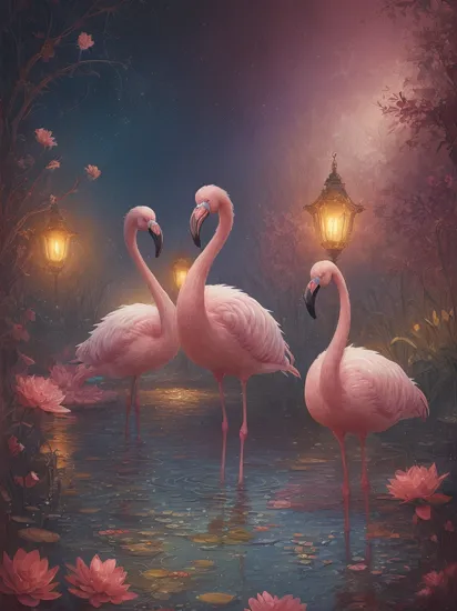  FrostedStyle, art by Hendrik Hondius , charming Flamingos in the Pond, an ultra hd detailed painting, digital art, Jean-Baptiste Monge style, bright, beautiful, splash,  Glittering, cute and adorable,  filigree, rim lighting, lights, extremely,  magic, surreal, fantasy, digital art, Wlop, art germ and james jean, centered, symmetry, painted, intricate, volumetric lighting, beautiful, rich deep colors masterpiece, sharp focus, ultra-detailed, in the style of dan mumford and marc simonetti, astrophotography