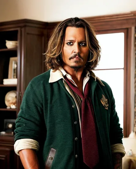 Johnny Depp, Casual @JohnnyDepp, a sharp gaze, light hair brushed to the side, sports a striped, dark green rugby sweater with an emblem, a collared shirt, and tie underneath, grasping a suede jacket over the shoulder, captured in a warmly lit interior space, soft shadows playing across the face, the pose and attire evoking a relaxed preppy aesthetic, surrounded by a faint suggestion of social activity in the backdrop.