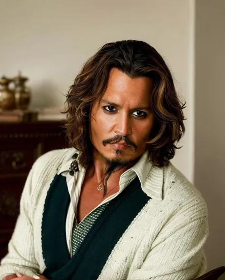 Johnny Depp, Casual @JohnnyDepp, a sharp gaze, light hair brushed to the side, sports a striped, dark green rugby sweater with an emblem, a collared shirt, and tie underneath, grasping a suede jacket over the shoulder, captured in a warmly lit interior space, soft shadows playing across the face, the pose and attire evoking a relaxed preppy aesthetic, surrounded by a faint suggestion of social activity in the backdrop.