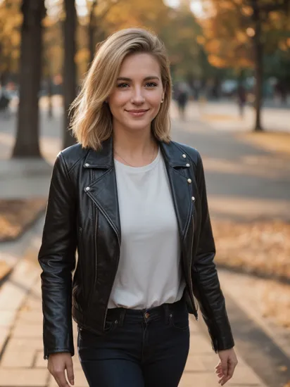 street photography of a woman,(caradelev1ngne_ti-4600:0.98) in her 30s,wearing a black leather jacket,walking in park,subtle smile, realistic photograph, detailed face, film grain,shot on hasselblad 500cm,golden hour,blonde side cut hair, in the style of tyler shields