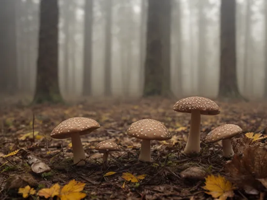 Raw macro photography of mushrooms, autumn, background deep forrest,  Natural Lighting, early morning, foggy, fog saturated, detailed, intricate, uhd, 8k, perfect composition, bokeh, by Erez Marom, by Colby Brown, masterpiece, flickr, artstation,