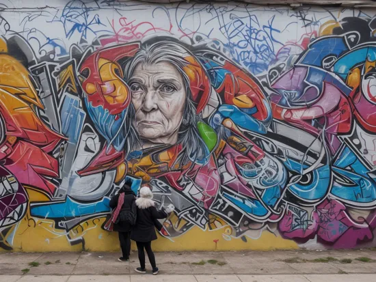 Street photography photo of a graffiti mural, an old woman is looking at it, outside, outdoors, side of a building, large, huge, ornate, outdoor lighting, best quality, (8k, ultra-detailed)  
