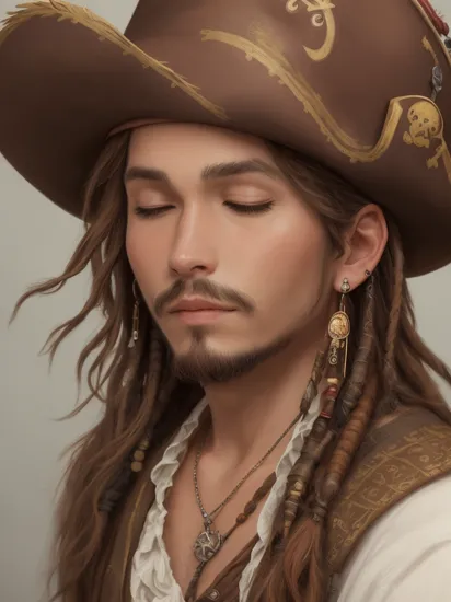 Highly detailed, High Quality, Masterpiece, beautiful, FeelsGood, closed eyes, , 1boy, solo, jack sparrow, brown eyes, hat, brown hair, earrings, hat, pirate, jewelry, shirt, short hair, white shirt,  , photorealistic,