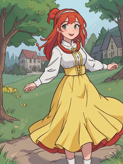 (masterpiece:1.4), (best quality:1.4), (high resolution:1.4), snow white, 1girl, woman, light smile, looking at viewer, (medieval dress, yellow skirt, long skirt, red hairband), pose, medieval house, grass, forest,  