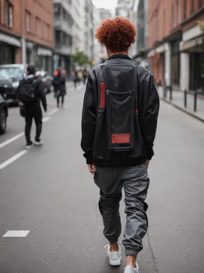 street photography, DOF, Bokeh, techwear, black holographic streetwear fashion statement, white male, red curly hair, seen from back