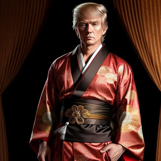 Elegant figure male Donald Trump, swept-back blond hair, ((traditional kimono)), dark with floral pattern, contemplative pose, ornate necklace, subtle shades and textures, natural color palette, ((relaxed yet sophisticated demeanor)), soft background with abstract floral designs, stylish modern twist on classic attire, anime illustration style, soft lighting, detailed fabric folds, graceful and composed aesthetic.