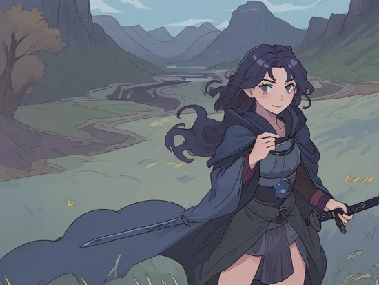 vibrant art, MeridaWaifu, blue dress, (dark blue cloak:1.5), (cowboy shot:1.5), (holding a sword:1.5), ready to fight, defensive stance, 1girl, solo, smile, blue eyes, red hair, large curly hair, curly hair, (untamed curls), (waist length hair:1.5), pale skin, freckles, outside, best quality, looking into the distance, mountains, grass, plains, Scotland mountains, green mountains, blue skies, rivers, hills,     