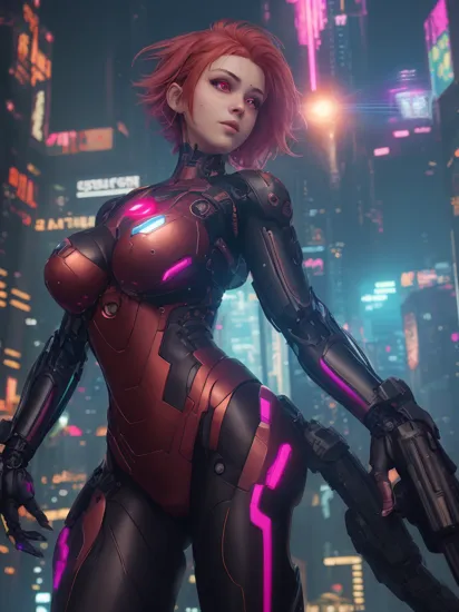 full body of Girl cyber-punk 20 y.o [, <hypernet:pureerosface_v1:1>] with the gradient red hair glowing floating, short hair, anger facial expression, [relfect dress, technology dress, iron man dress, see-through stomach gothic dress,
iron-man neck glowing, glow shine body, iron blackcat suit], (high detailed skin:1.5), [shine detail eyes, detailed face, look at viewer, smile, amazing detail, 8k resolution, RTX, best art, sexy,[ background in top-down of buiding, vaporwave
vibe art style, city night, night, glowing led sign, sci-fi, futuristic ], [ ariel view futuristic background], looking viewer, Dark, cyberpunk 2077 style, tron movie, 1girl, perfect finger, medium breast, action movie pose, CGI Background, Galaxy glowing,
portal dimension, iron short, correct eyes, sci-fi ring bracelet on the right hand, multiverse, ready player one, alita, background realistic, futuristic, Array with Dynamic Particles, 3d Futuristic technology style, perfect hand, running pose, action jumping pose