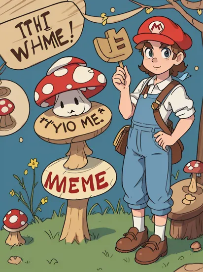 Mario step on mushroom holding the sign,Holding a wooden plaque with 'It's me,Mario!' written on it,