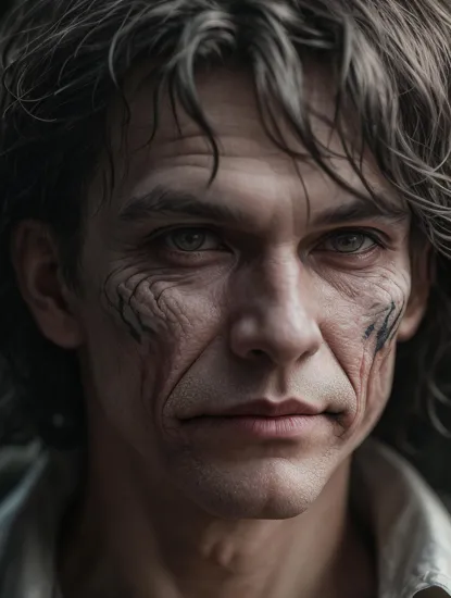 closeup photo detailed face of Joker risen from the ashes, sparks, 8k, hd, contour light, high contrast, depth of field, ultra detail, photorealism, cinematography, gigantism, from the first person, lots of details, dark tone, bokeh, epic frame, super realistic texture, by Alessio Albi
