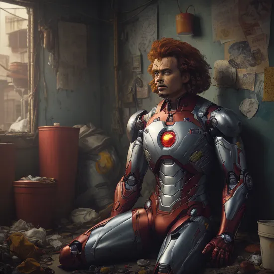 cyborg man sit in dark moody dirty room surrounded by trash and debris, metallic parts of iron man suit, machinery parts, (indian (Ronald McDonald) iron man), paper schemes on the walls, dreamy magic color grading, cinematic film still,McDonalds color palette, blue and grey accent colors, grainy soviet union photography  slums, detailed, empty robot armor costumes