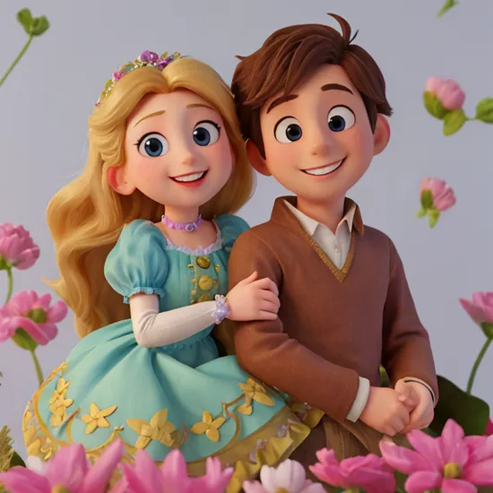 (Masterpiece, best quality:1.2), (a girl and boy), rapunzel and eugene, (smiling), flowers, happy couple, cute, ,  , simple background, (white background)