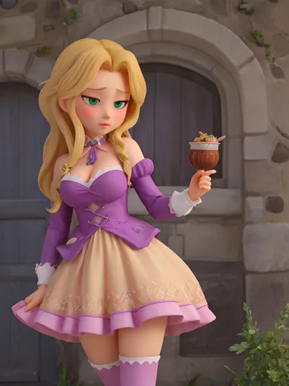 RapunzelWaifu, blonde hair, green eyes, blush, large breasts, thighhighs, thick thighs, narrow waist, front shot, cowboy shot, BREAK, clothes: dress, purple_dress, BREAK, location: hill, grassy, castle, BREAK, quality: best quality, best aesthetic, instagram, intricate details, ,  