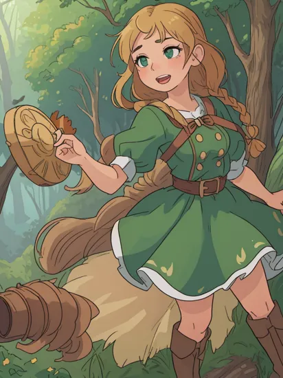 Rapunzel,(Disney art:1.1), 3d render, Forest Clearing, adventurous, wide-eyed expression, braided hair, brown boots, green dress, sunlit, surrounded by woodland creatures, holding a paintbrush and canvas, capturing the beauty of nature, super detailed face, beautiful, looking at camera, open_mouth, porn, nsfw, small boobs, small tits [boobs size : 0.2], detailed eyes, 4k, high quality